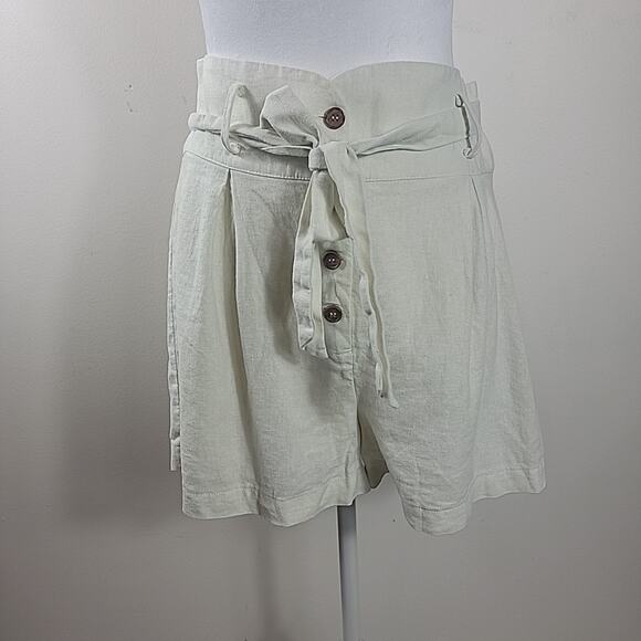 Shinestar Linen Shorts Womens L White Belted Button Fly High Waist Paperbag Boho - Picture 1 of 12